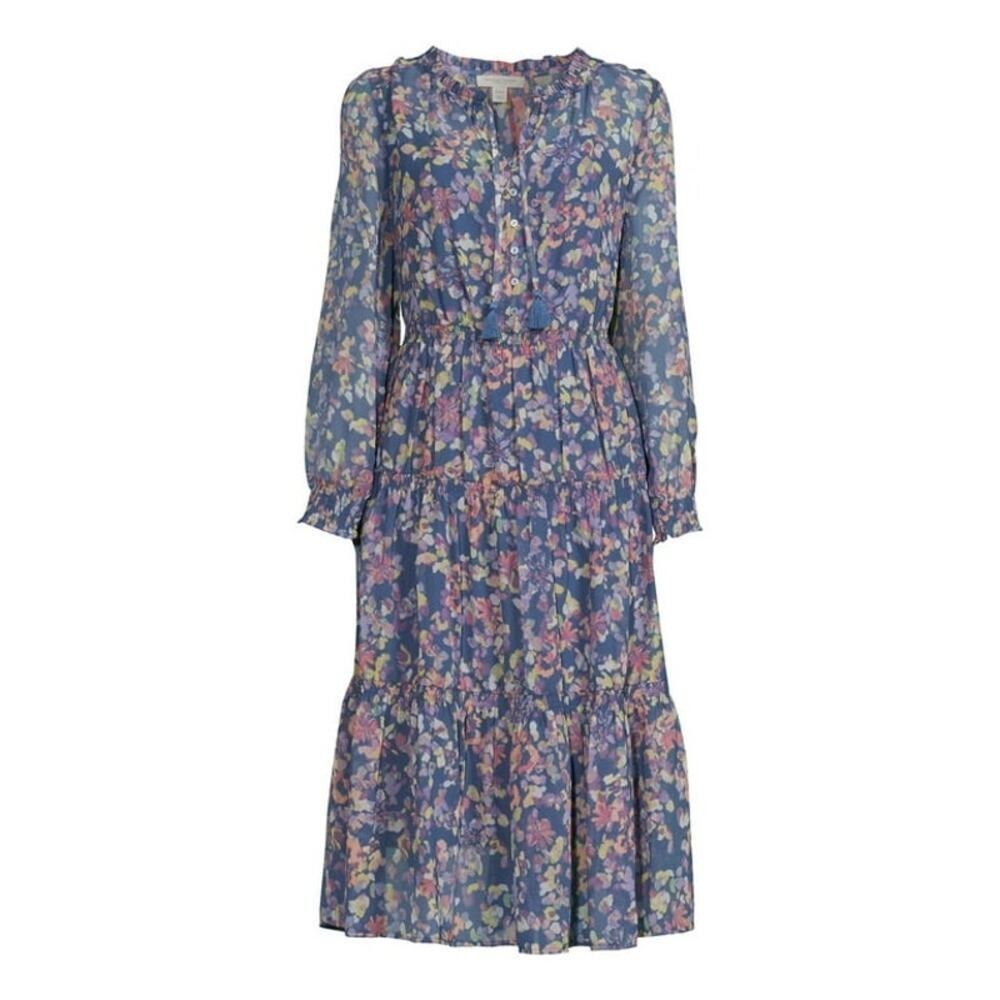 BeachLunchLounge Floral Tiered Midi‎ Dress Blue Purple XXL Boho Tassel (L387)